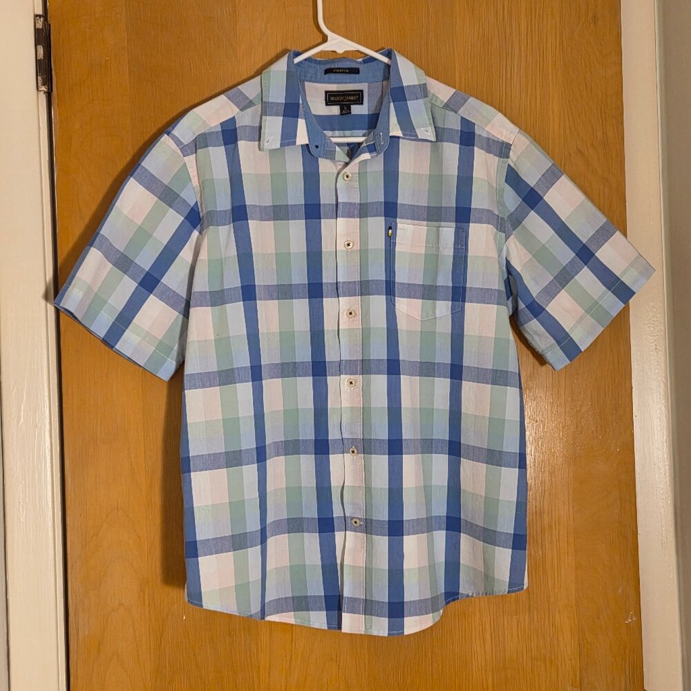 Mason James S/S Button Up Shirt Mens L Blue Green Pink Plaid Stretch Preppy
